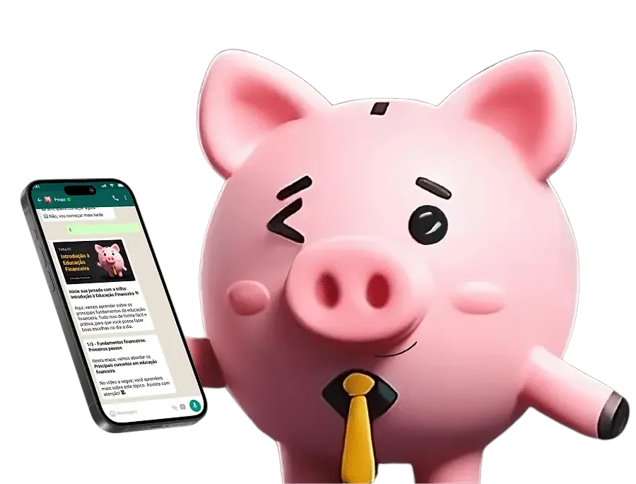 Zig, o mascote da Poupz: um cofrinho em formato de porquinho, piscando um olho, usando uma gravata amarela e com um celular na mão com a tela de uma conversa no aplicativo WhatsApp.
